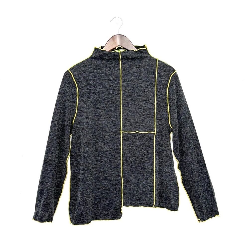 VTG Trisha Tyler Lettuce Hem Mock Neck Top Women L Gray Yellow Boho Artsy Unique